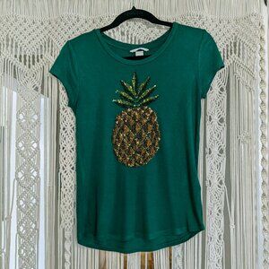 Teal/Green Sequin Pineapple Women's Tee H&M Size Sm